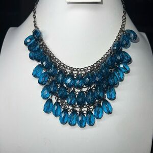 Silver Tone and Blue Beaded Statement Collar Necklace